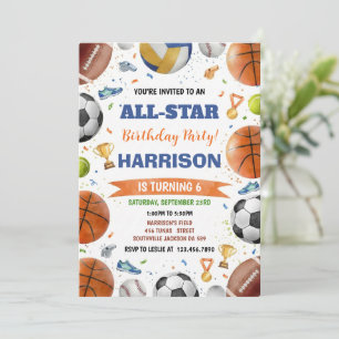 Modern Boys Sports Balls All Star Kids Birthday Invitation
