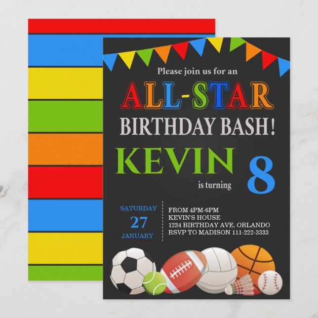 Modern Boys Sports Birthday Invitation (Front/Back)