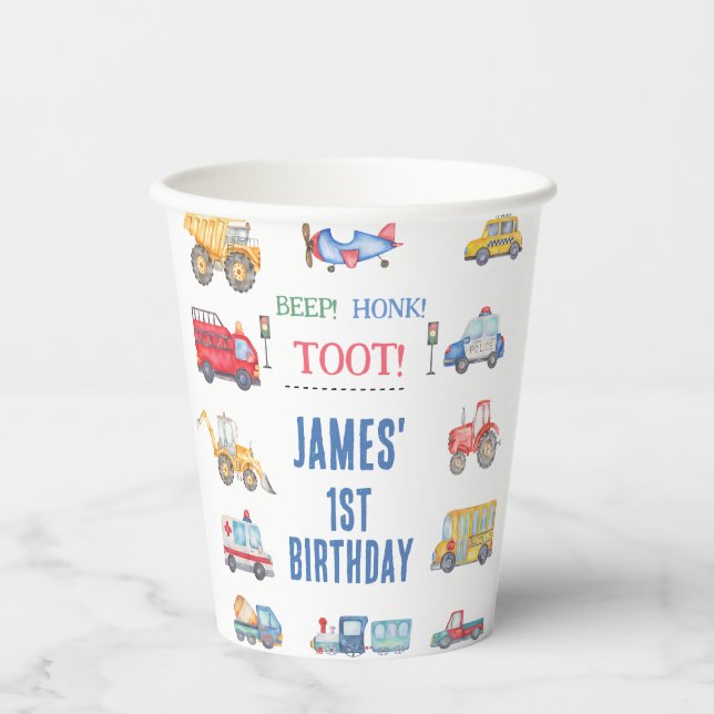 Modern Boys Transport 1st Birthday Paper Cup (Front)