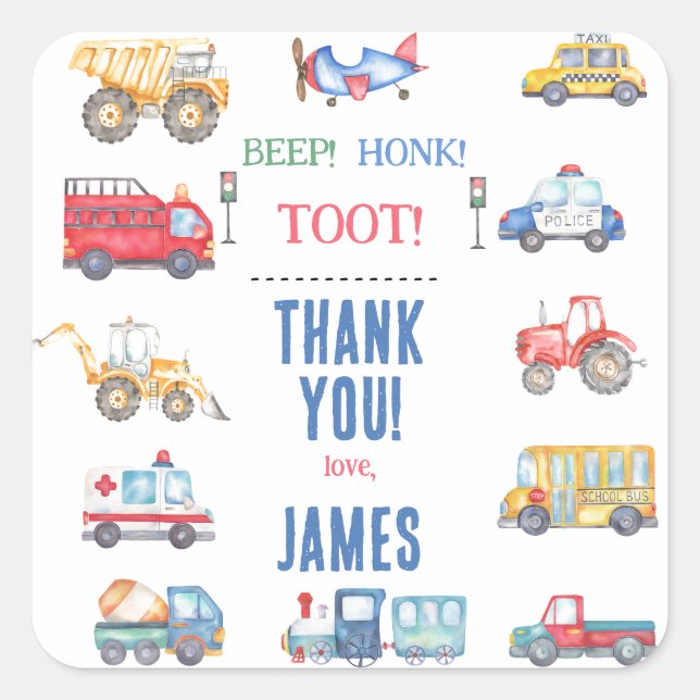 Modern Boys Transport 1st Birthday Thank You  Square Sticker (Front)