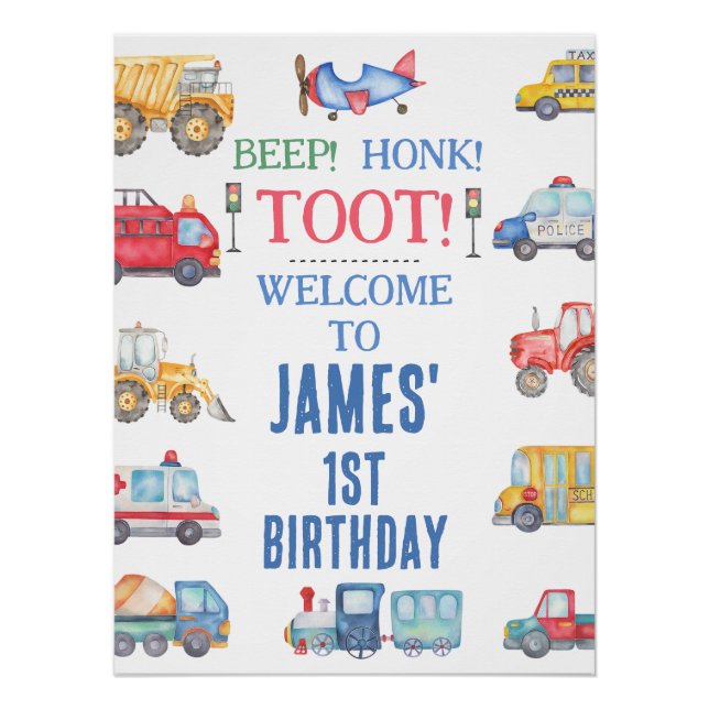 Modern Boys Transport 1st Birthday Welcome  Poster (Front)