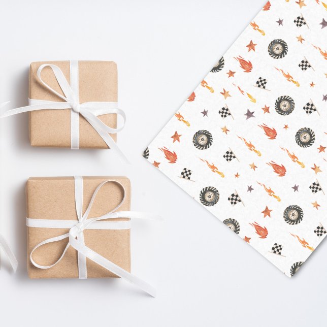 Modern Boys Trucks Racing Checkers Watercolor Tissue Paper (Creator Uploaded)