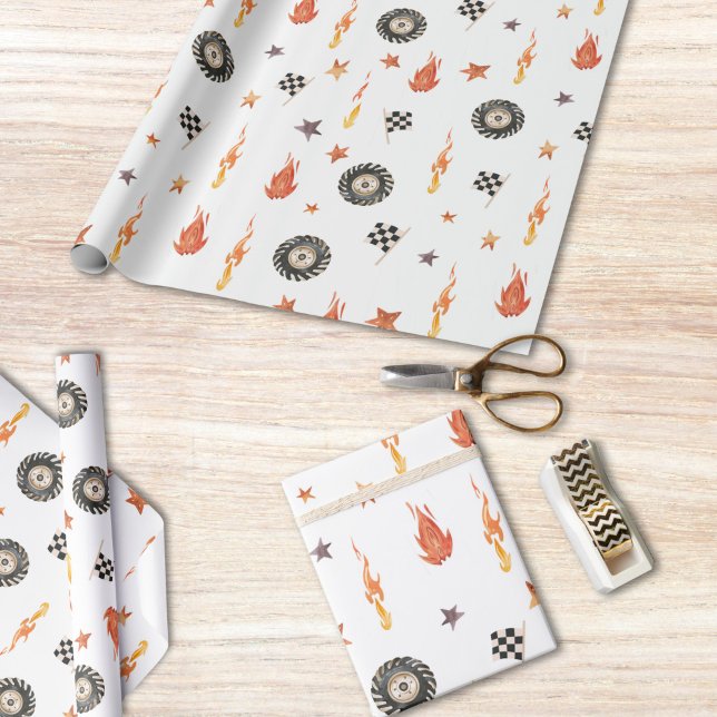 Modern Boys Trucks Racing Checkers Watercolor Wrapping Paper (Creator Uploaded)