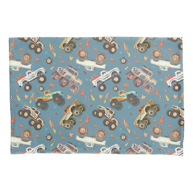 Modern Boys Watercolor Monster Trucks Pattern  Pillowcase (Front)