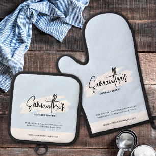Modern Branded Business Cute Cool Blue Watercolor Oven Mitt & Pot Holder Set