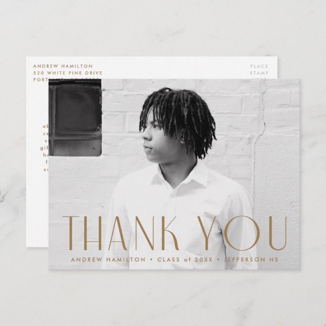 Modern Brass Photo Graduation Thank You Postcard (Front/Back)