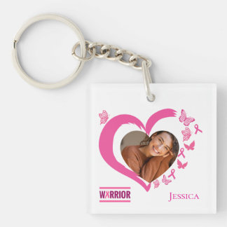 Modern Breast Cancer Custom Heart Photo Name  Key Ring