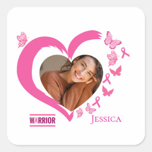 Modern Breast Cancer Custom Heart Photo Name Square Sticker