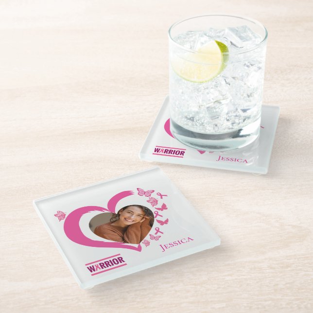 Modern Breast Cancer Warrior Photo Name  Glass Coaster (Angled)