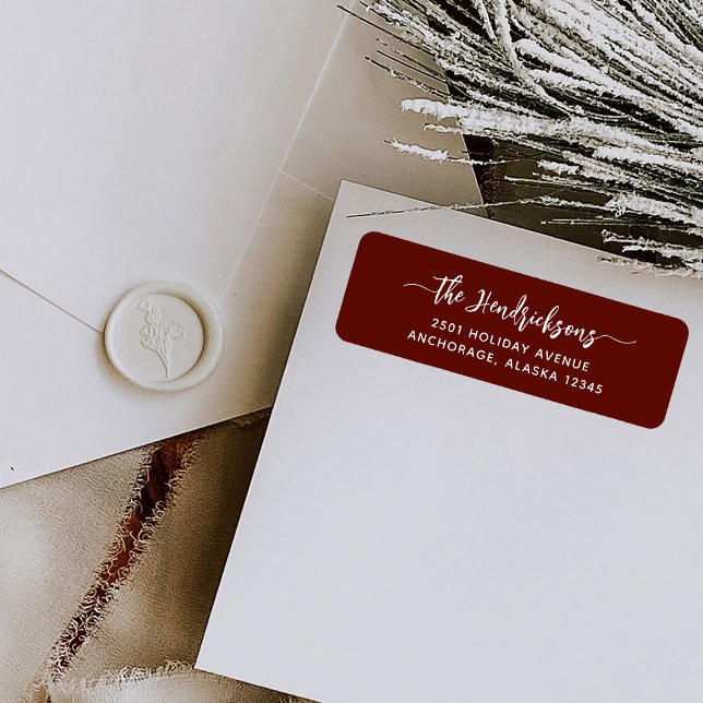 Modern Brick Red Script | Family Christmas (A whimsical Christmas return address label with trendy script)