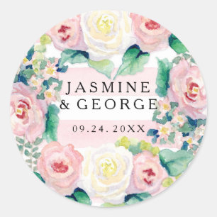 MODERN Bridal Shower Chic Wide Stripes w Roses Classic Round Sticker