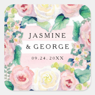 MODERN Bridal Shower Chic Wide Stripes w Roses Square Sticker