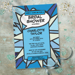 Modern Bridal Shower Comic Book Blue Fun Invitation