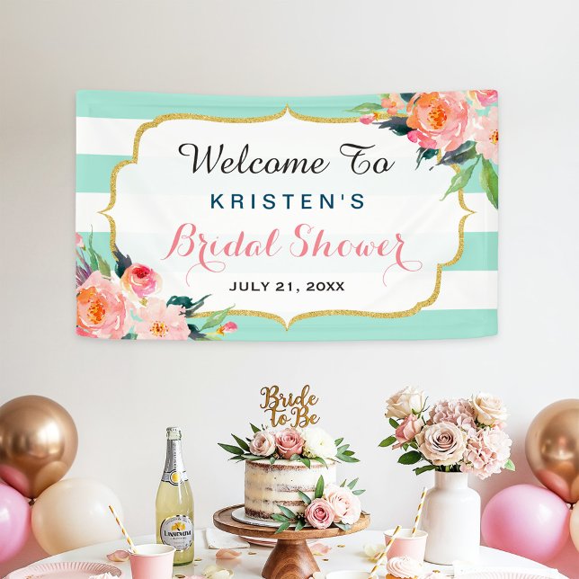 Modern Bridal Shower Floral Mint Green Stripes Banner (Creator Uploaded)