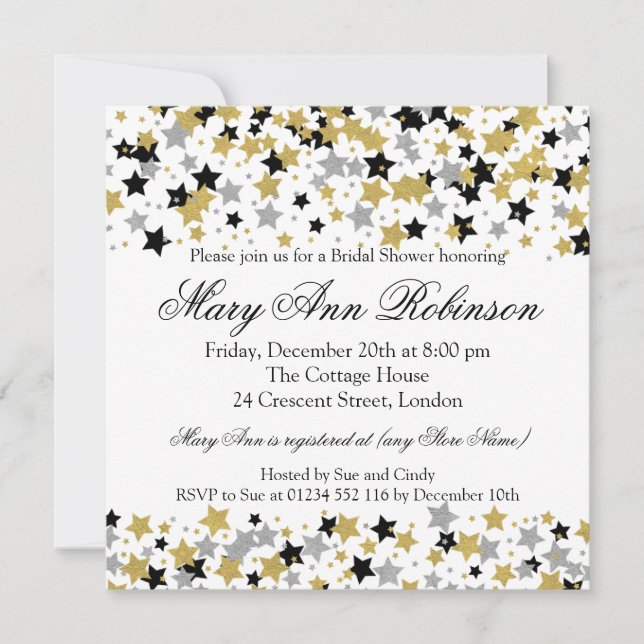 Modern Bridal Shower Gold Glitter Stars Confetti Invitation (Front)