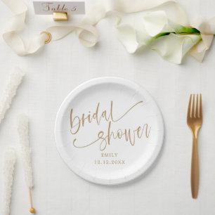 Modern Bridal Shower Gold Script & White Paper Plate