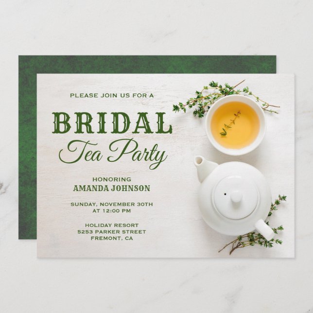 Modern Bridal Shower Green Tea Party Invitation (Front/Back)