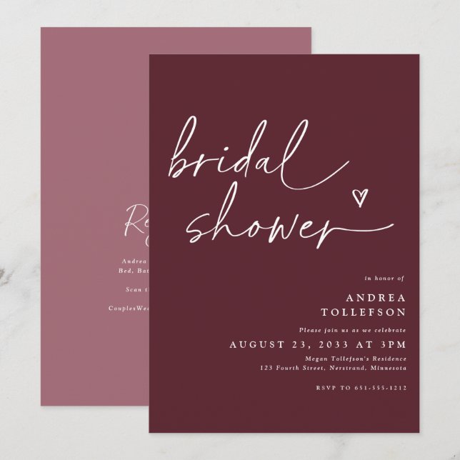 Modern Bridal Shower Invitation in Merlot Wine (Front/Back)