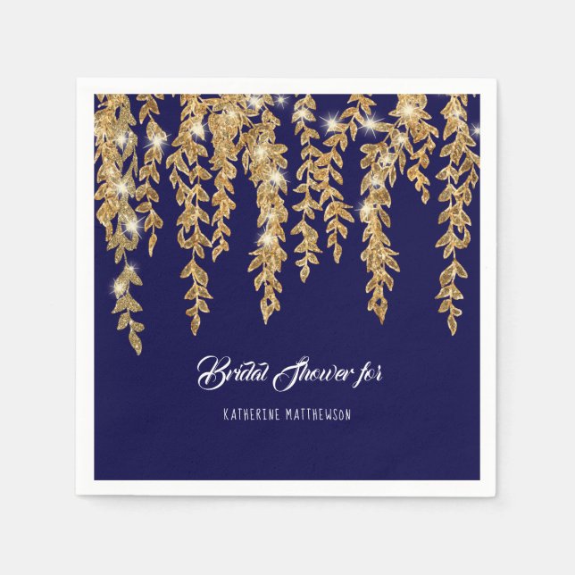 Modern Bridal Shower Navy Gold Twinkle Lights Leaf Napkin (Front)