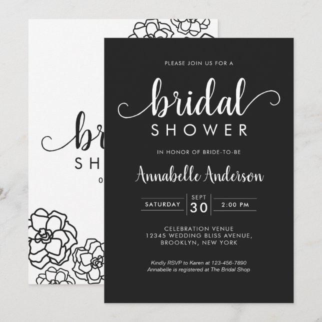 Modern Bridal Shower Script Floral Classic Black Invitation (Front/Back)