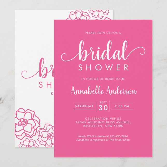 Modern Bridal Shower Script Floral Magenta Pink Invitation (Front/Back)