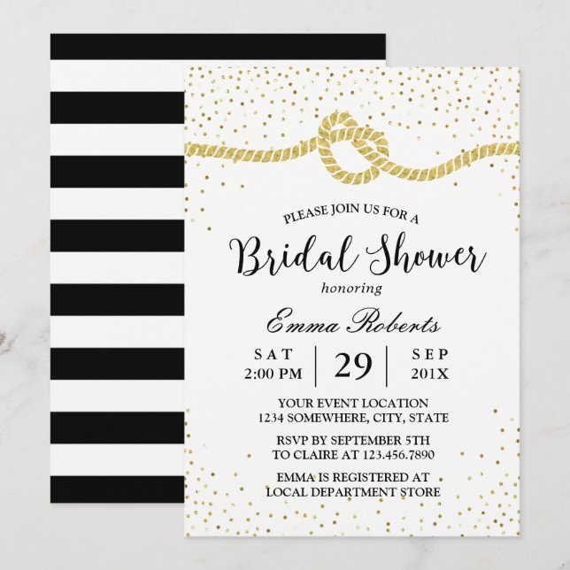 Modern Bridal Shower Tying the Knot Gold Confetti Invitation (Front/Back)