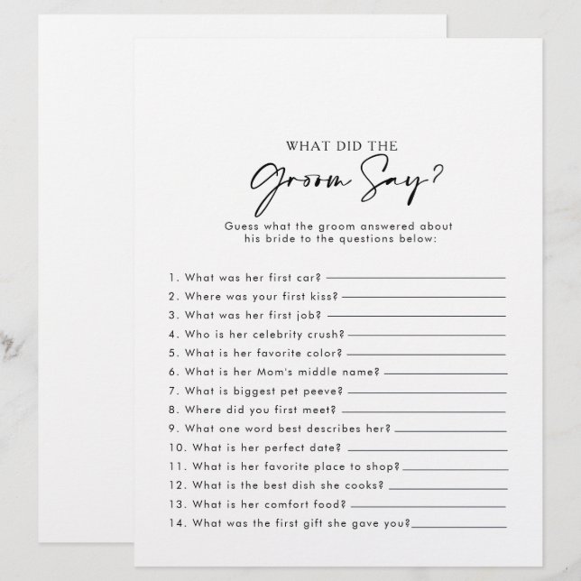 Modern Bridal Shower What did the Groom Say (Front/Back)