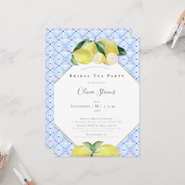 Modern Bridal Tea Party Yellow Lemons Shower Invitation (Front/Back In Situ)