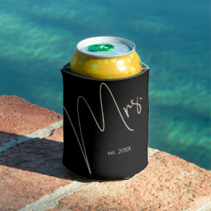 Modern Bride   Beige + Black Script Can Cooler