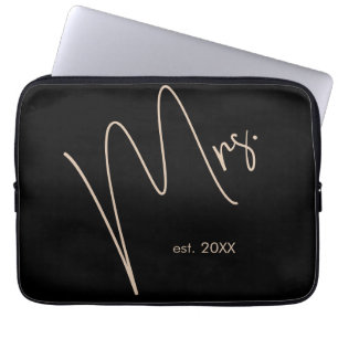 Modern Bride   Beige + Black Script Laptop Sleeve