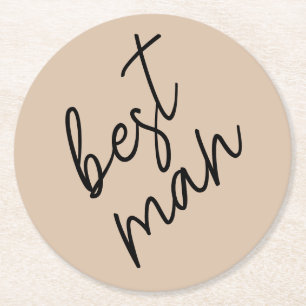Modern Bride Beige + Black Script Round Paper Coaster