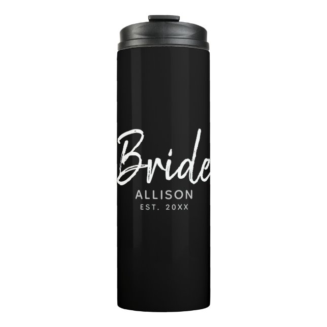 Modern Bride Black White Script Personalised Name Thermal Tumbler (Front)