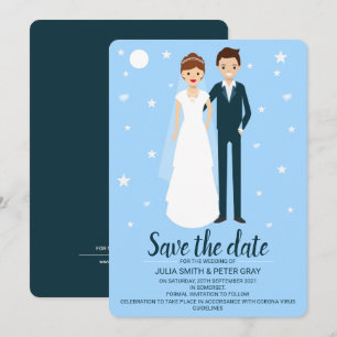 Modern Bride & Groom Cartoon Save The Date Invitation