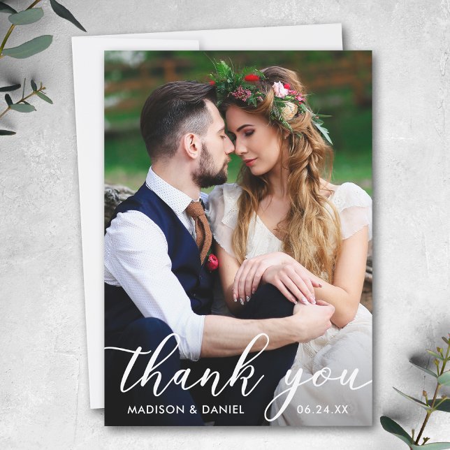 Modern Bride Groom Wedding Photo | Thank You (Customize to add text or more photos to back of card.)