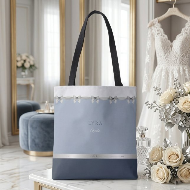 Modern Bride | Luxury Dusty Blue Wedding Tote Bag (Modern "Something Blue" Bride Tote. Luxury slate & dusty blue with silver coquette bow accents.)