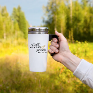 Modern Bride Name Wedding Ring Date Black Text Travel Mug