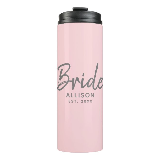 Modern Bride Pink Grey Script Personalised Name Thermal Tumbler (Front)