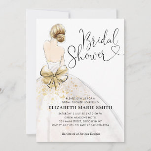 Modern Bride White Gold Wedding Gown Bridal Shower Invitation