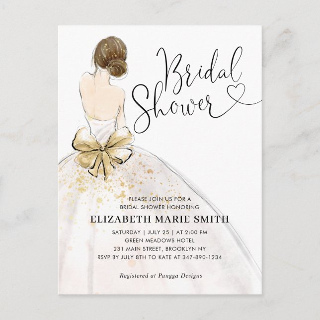 Modern Bride White Gold Wedding Gown Bridal Shower Postcard (Front)