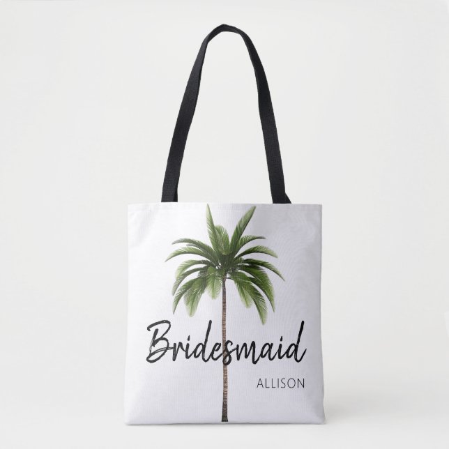 Modern Bridesmaid Beach Wedding Palm Tree Monogram Tote Bag (Front)
