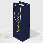 Modern Bridesmaid Proposal Wine Gift Bag<br><div class="desc">Modern Bridesmaid Proposal Gift Bag features personalised bridesmaid's name in gold modern script font style on navy blue background. Also perfect for maid of honour, flower girl, groomsman, best man and ring bearer. Please Note: The foil details are simulated in the artwork. No actual foil will be used in the...</div>