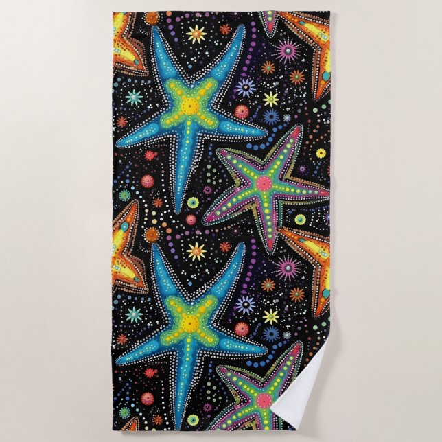 Modern bright black starfish pattern beach towel (Front)
