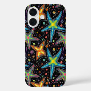 Modern bright black starfish pattern iPhone 16 case