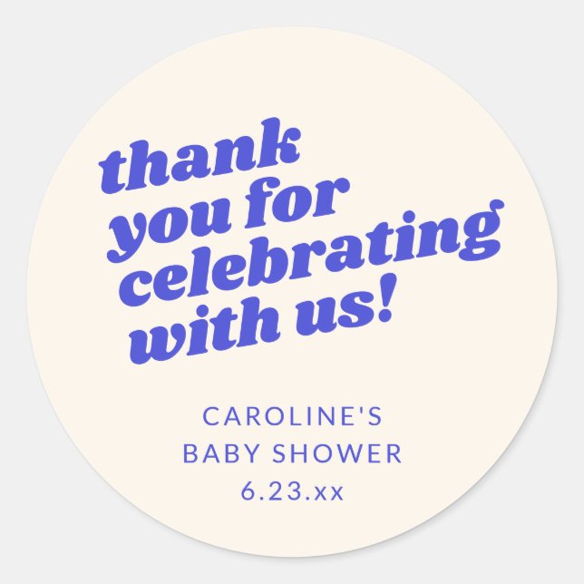 Modern Bright Blue Retro Baby Shower Thank You Classic Round Sticker (Front)