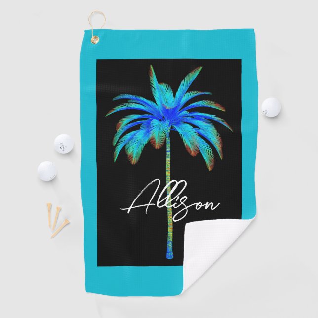 Modern Bright Blue Tropical Palm Tree Script Name  Golf Towel (InSitu)