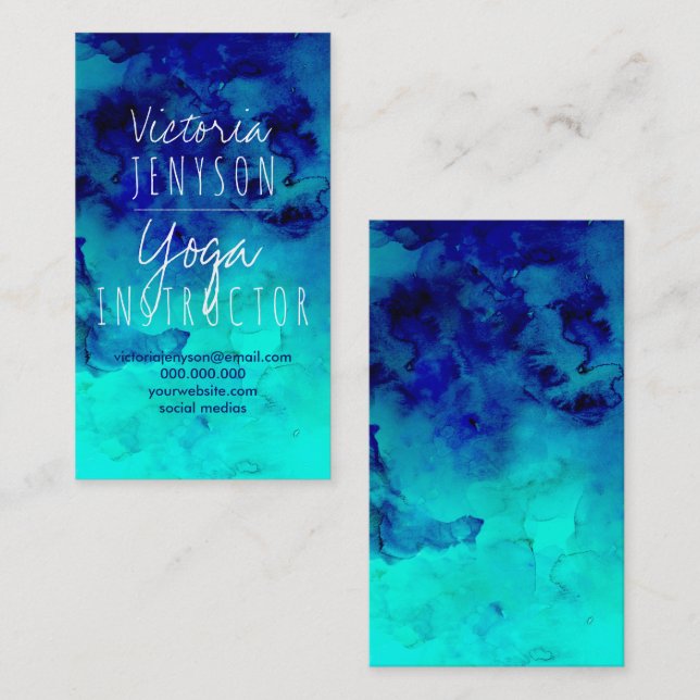 Modern bright blue turquoise watercolor yoga business card (Front/Back)