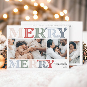 Modern bright bold Christmas family 4 photos Holiday Card