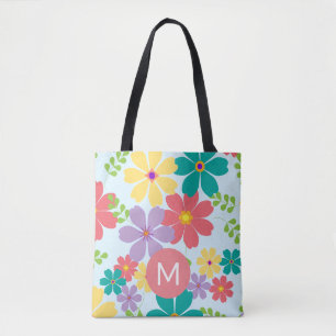 Modern Bright Cheerful Flower Pattern Monogrammed Tote Bag