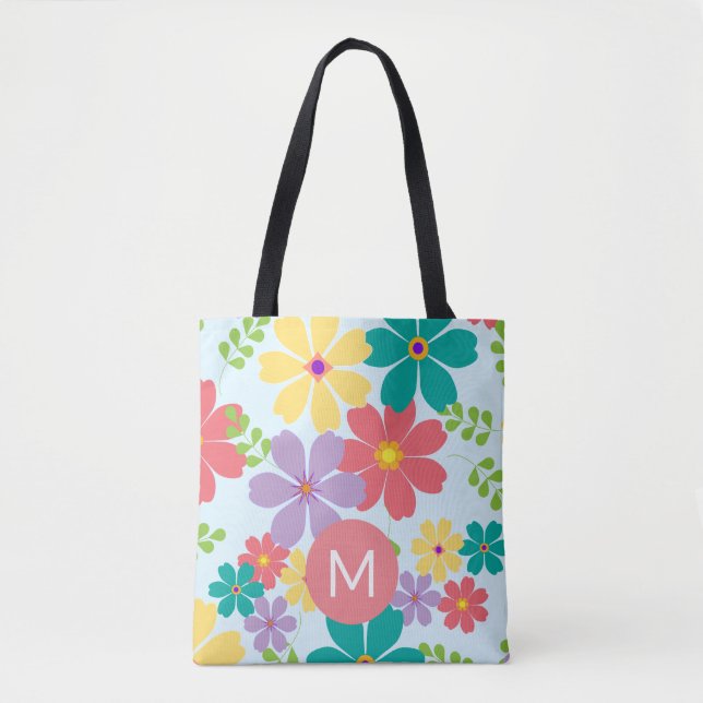 Modern Bright Cheerful Flower Pattern Monogrammed Tote Bag (Front)