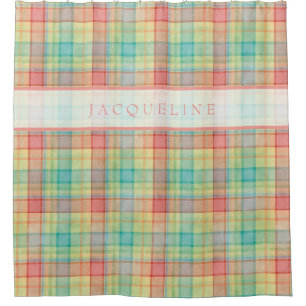 Modern Bright Colour Plaid Watercolor Pattern Name Shower Curtain